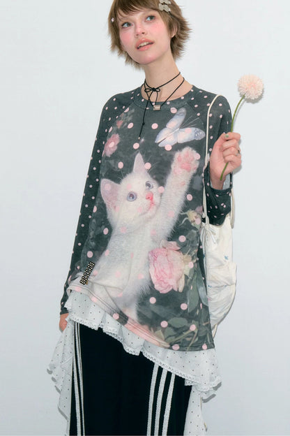 Blouse à imprimé chat et pois