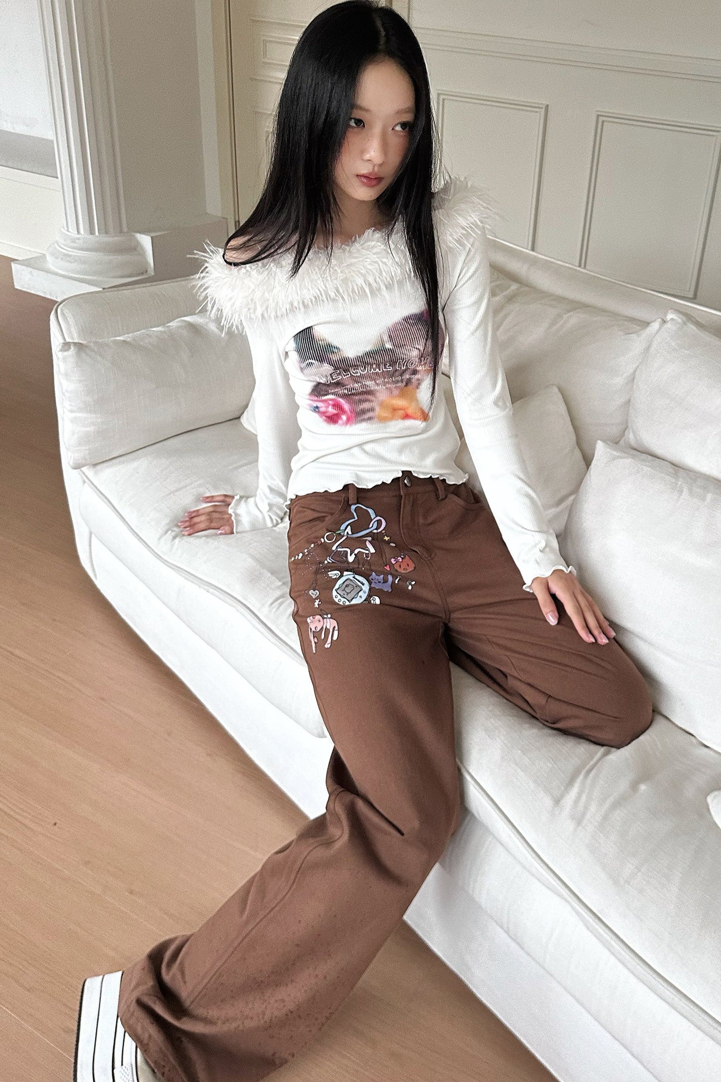 Long Sleeve Cat Print Furry Top