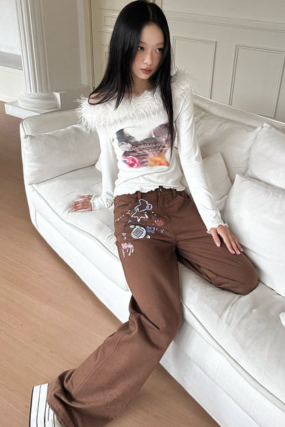 Long Sleeve Cat Print Furry Top