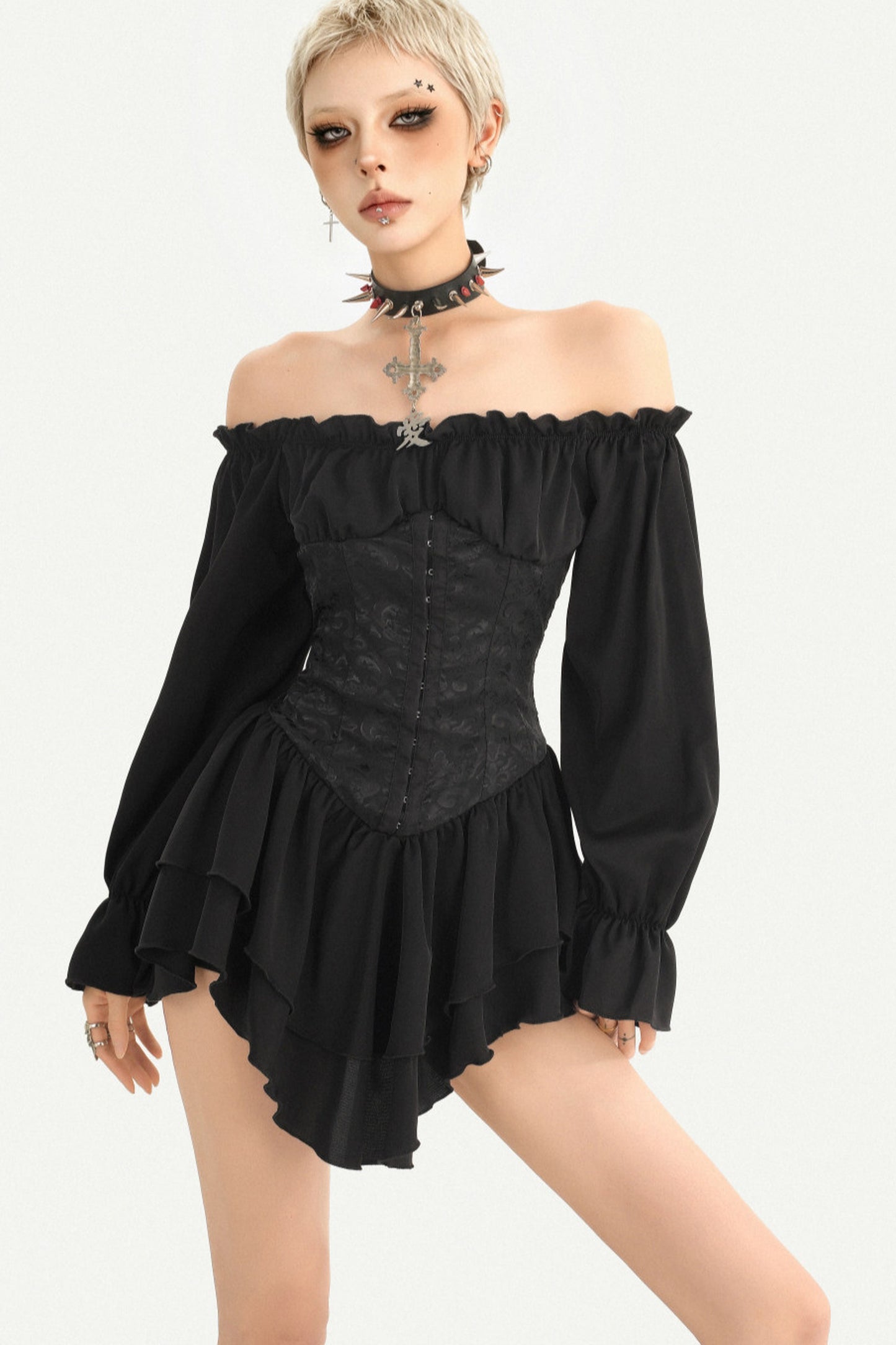 Lantern Sleeve Gothic One-Shoulder Ruffle Dress
