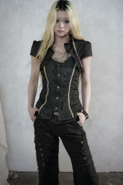 Lace Patchwork Ruched Layered-Look Shirt