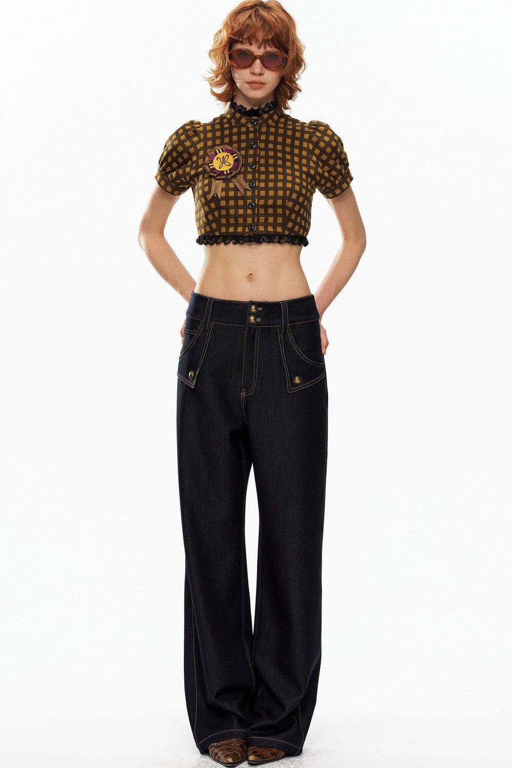 Yellow and Black Plaid Puff Sleeve Top