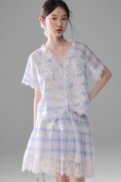 Blue White Checkered Lace Tencel Top Skirt Set-Up
