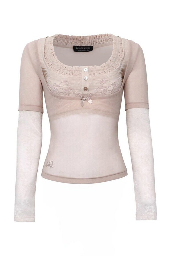Detachable Lace Bow Long-Sleeved T-Shirt Set