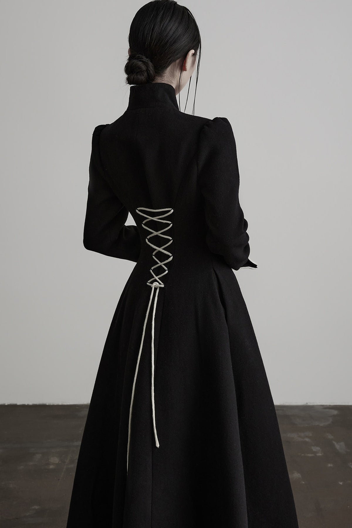 100% Wool Stand Collar Tie-Back Long Coat