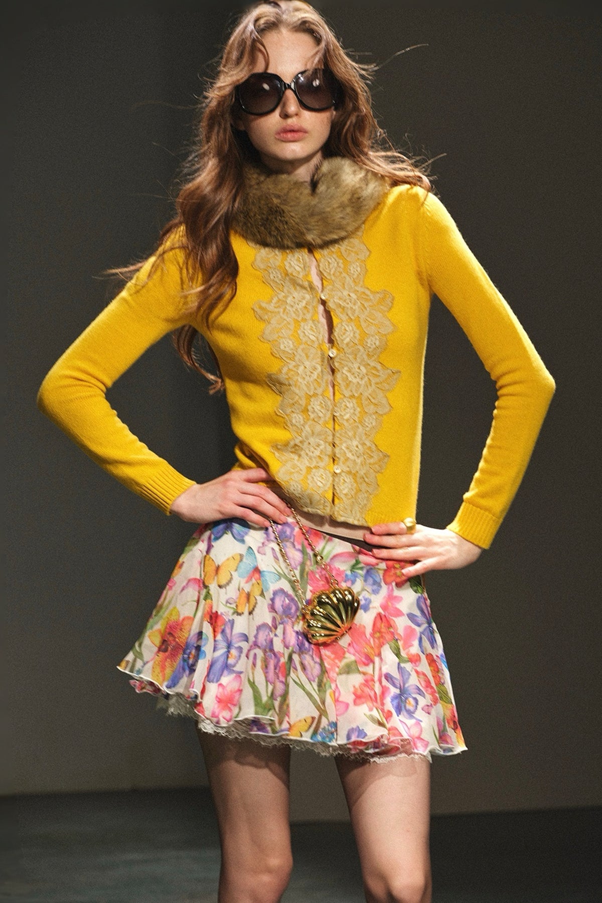 Lace Trim Wool Knit Cardigan and Chiffon Skirt