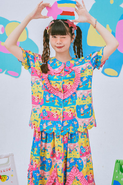 Kindergarten Paradise Print Puff Sleeve Shirt