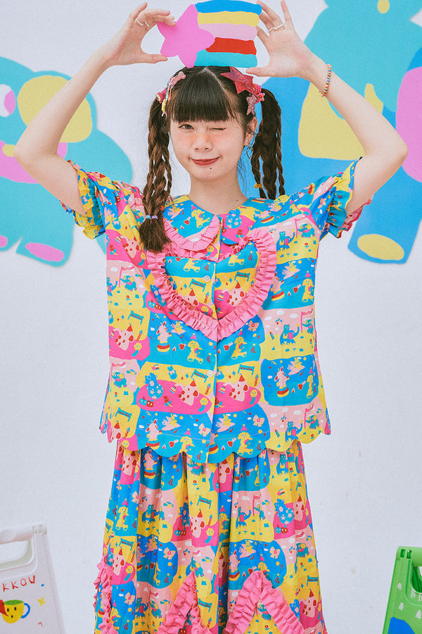 Kindergarten Paradise Print Puff Sleeve Shirt