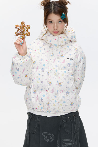 Beige Full Print Hooded Down Jacket