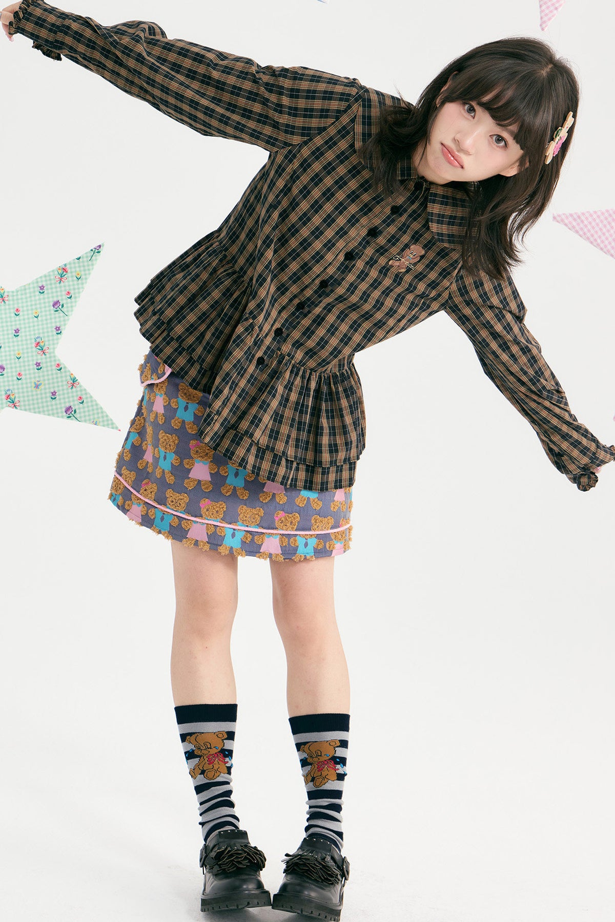 Brown Plaid Doll Collar Cotton Shirt
