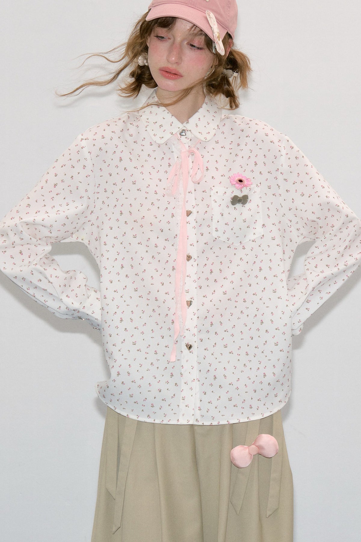Lace-Up Doll Collar Floral Shirt