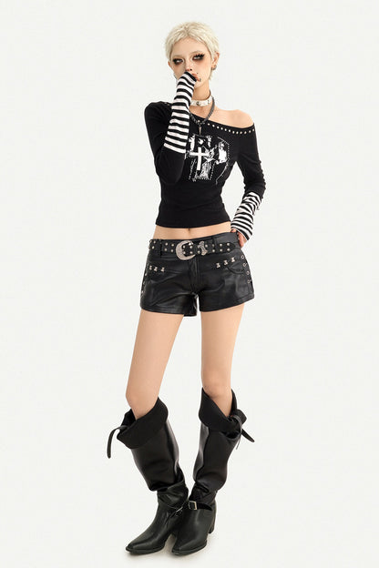 Off-Shoulder Letter Print Long Sleeve T-shirt