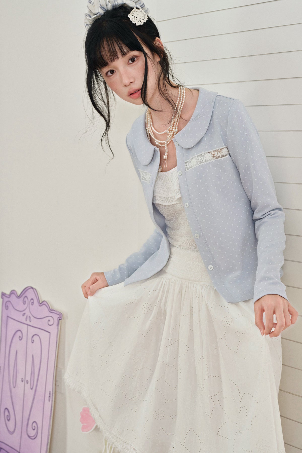 Blue Polka Dot Lace Trim Cardigan Set-Up