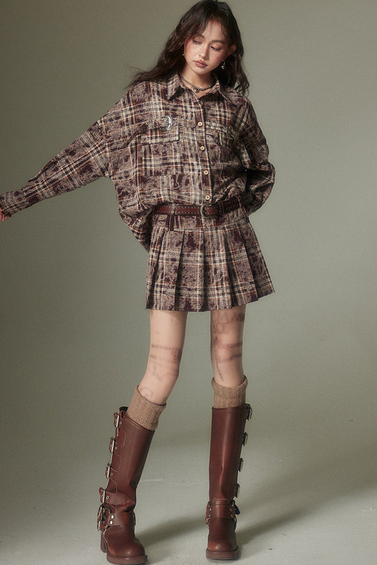 Plaid Shirt and Pleated Skirt Set-Up