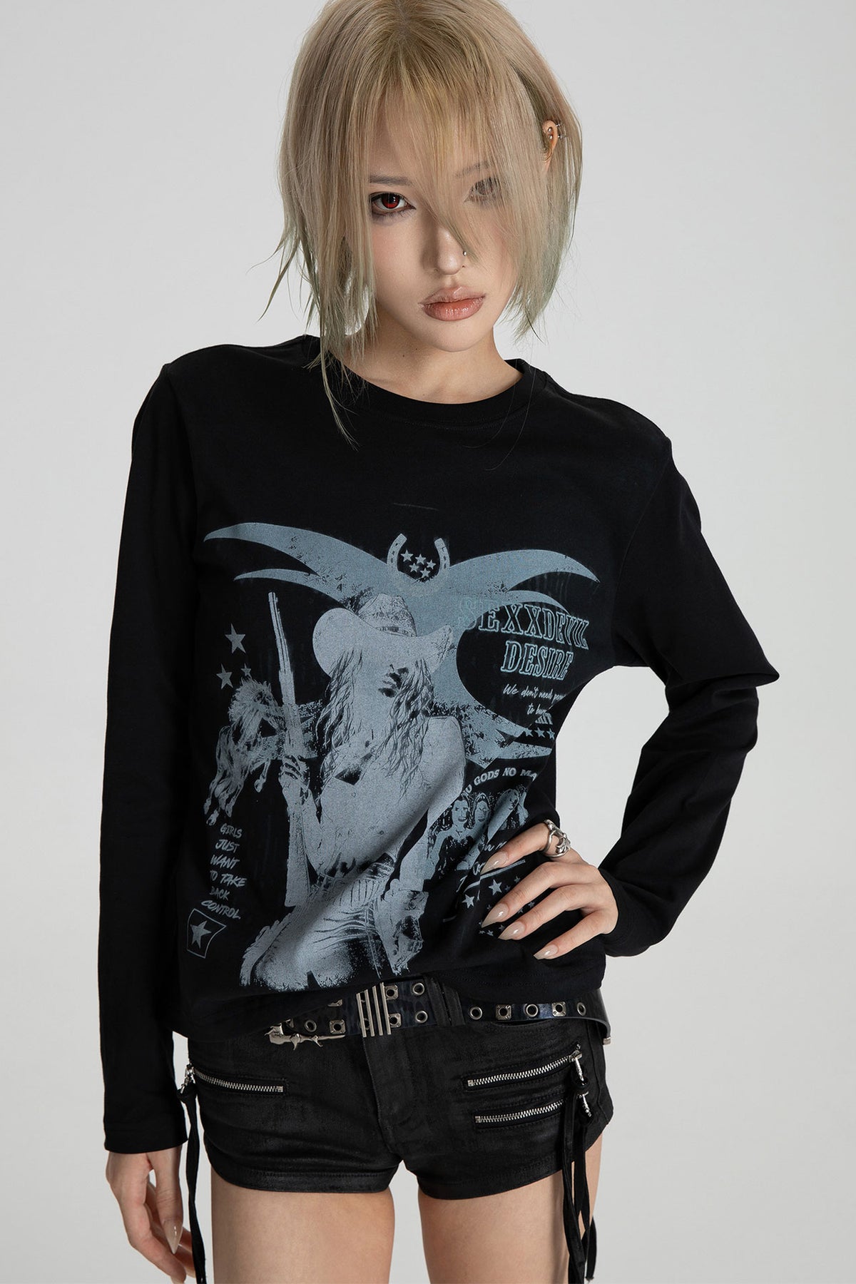 Distressed Digital Print Long Sleeve T-Shirt