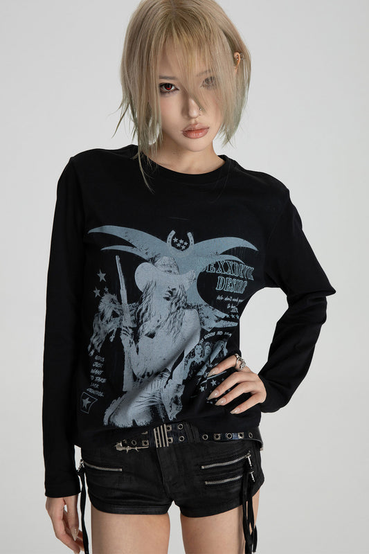 Distressed Digital Print Long Sleeve T-Shirt