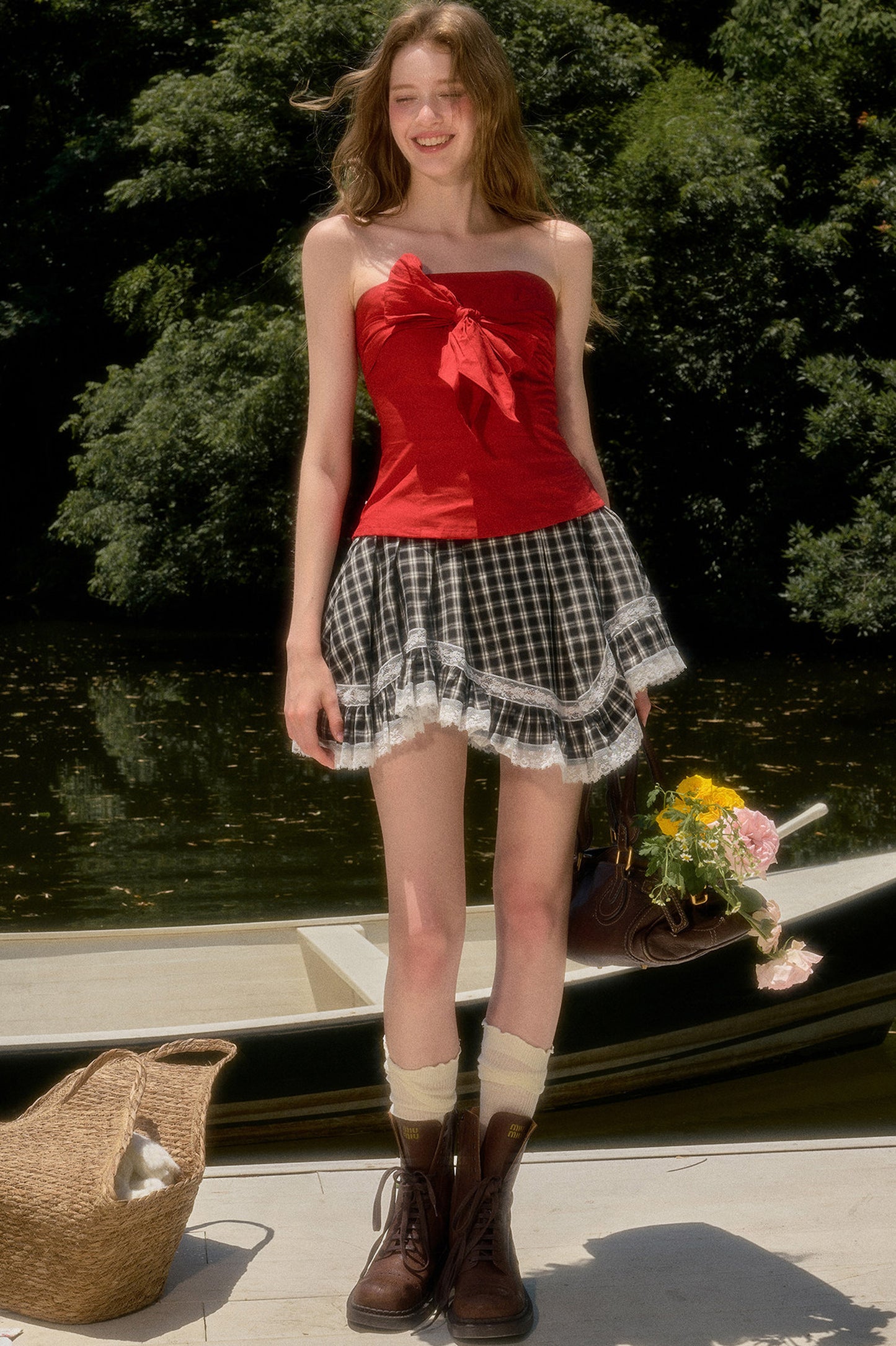 White Plaid Lace Skirt