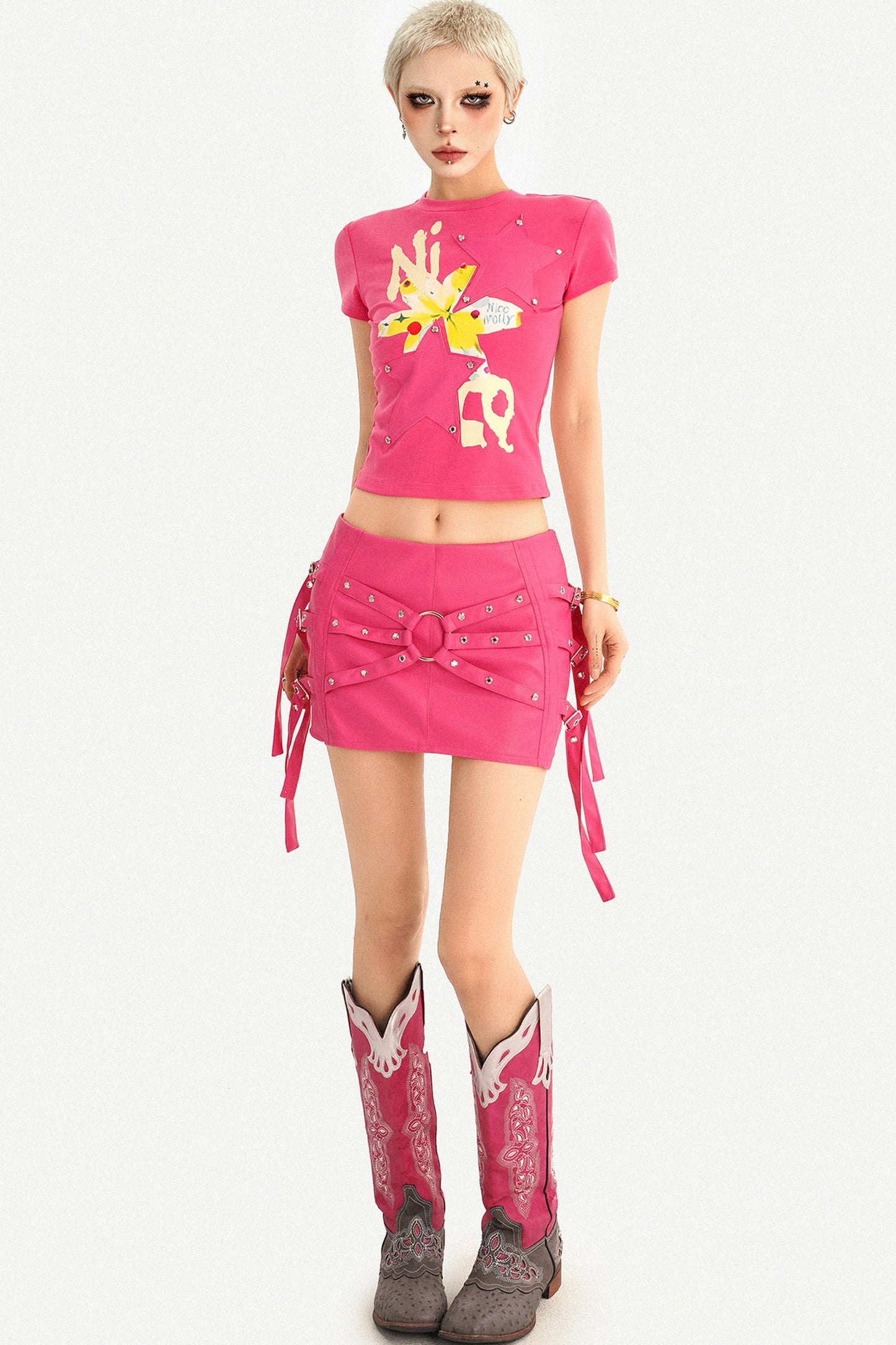 Studded Print Short Sleeve T-Shirt and Skirt Set-Up
