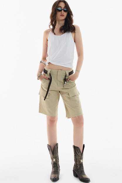 Khaki Workwear Straight-Leg Frayed Hem Pants