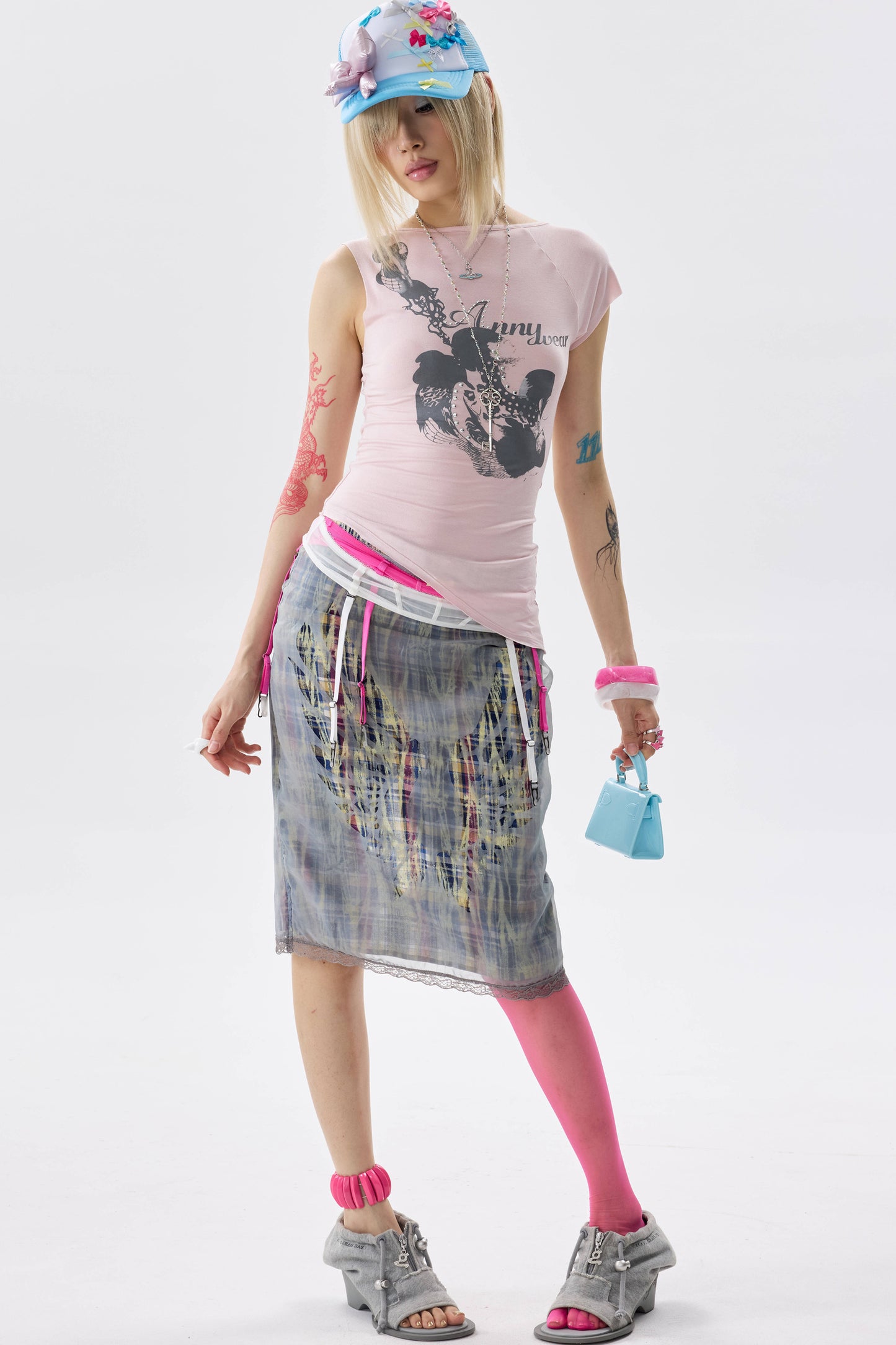 Plaid Organza Cut-Out Skirt
