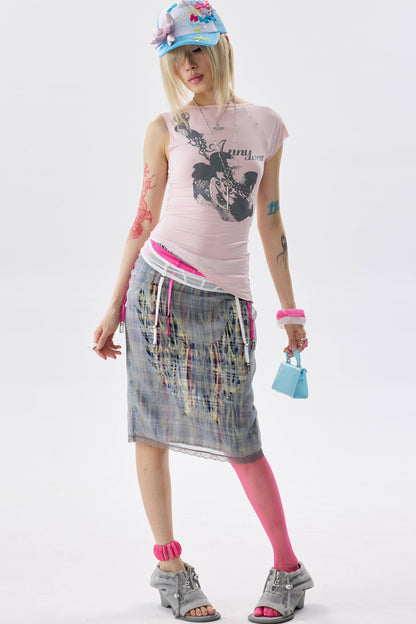 Plaid Organza Cut-Out Skirt