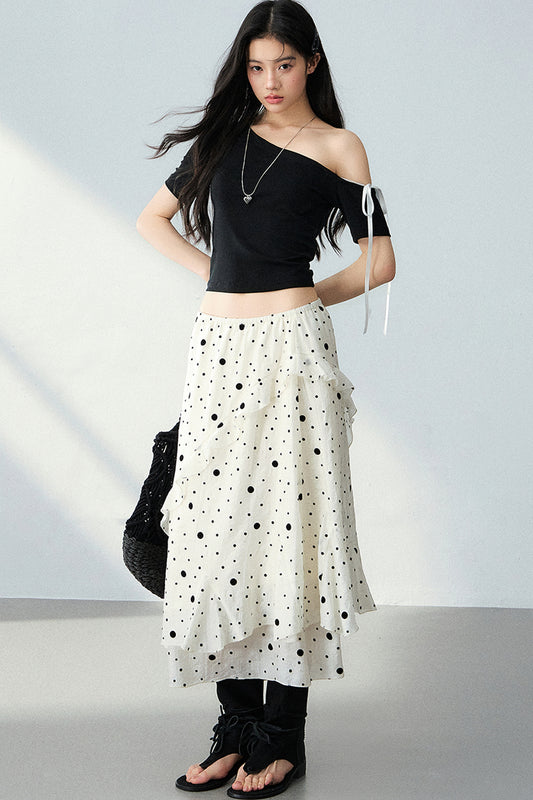 Flocked Polka Dot Ruffled A-Line Skirt and Top Set-Up
