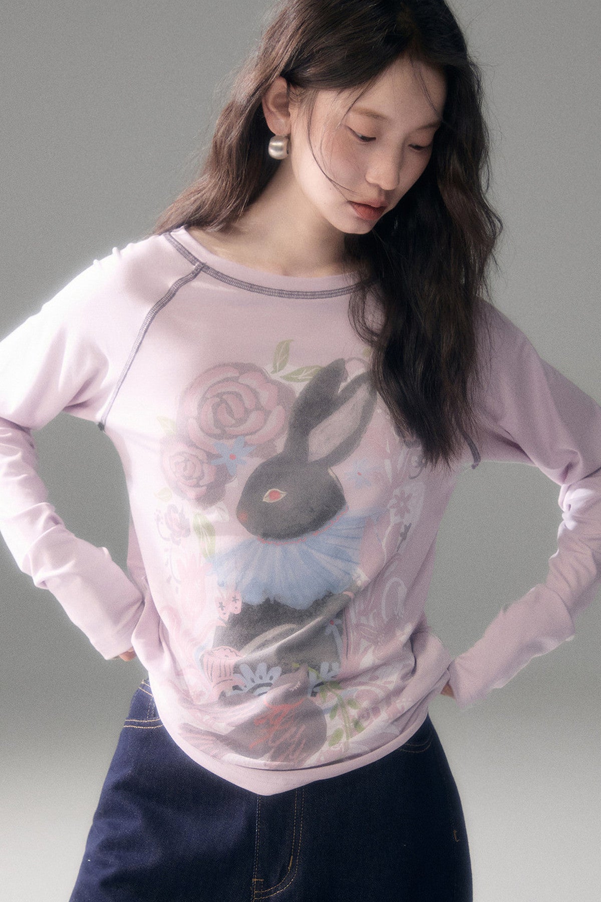 Bunny Print Tencel Long-Sleeved T-Shirt and Pants Set-Up
