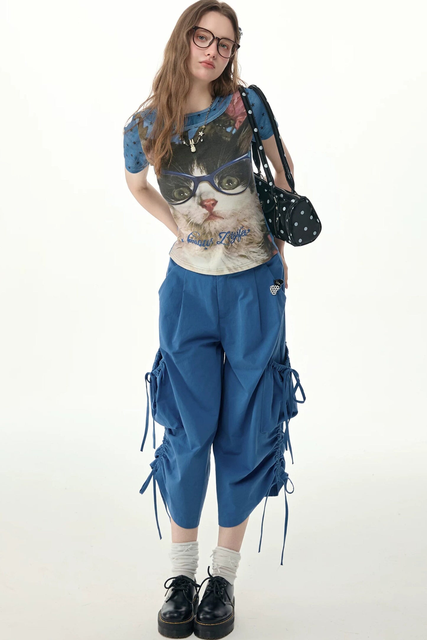 Blaue Ballon-Cargohose mit Kordelzug und weitem Bein
