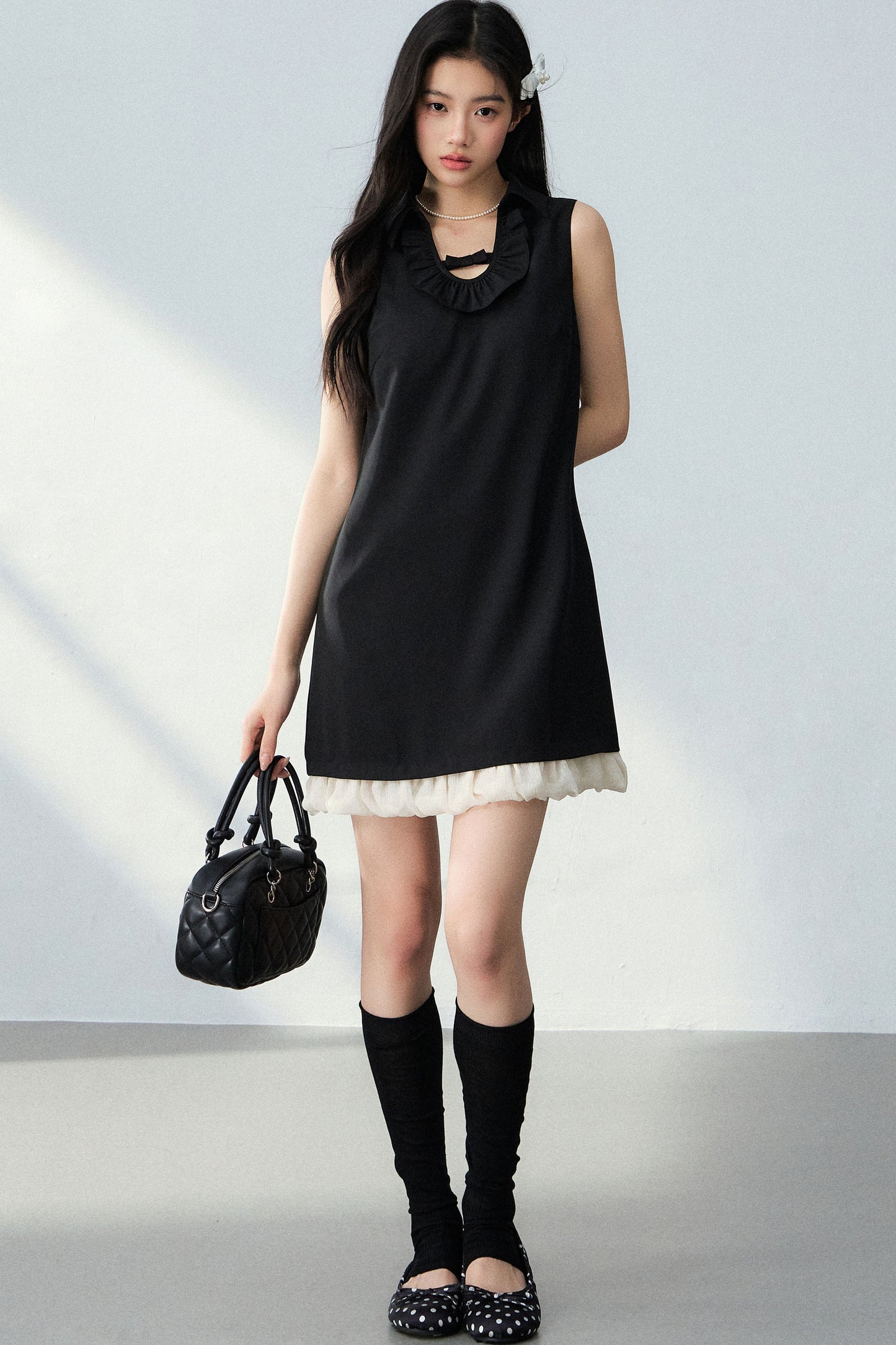 Bowknot Ruffle A-Line Black Dress