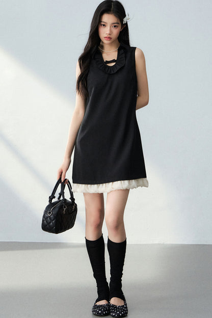 Bowknot Ruffle A-Line Black Dress