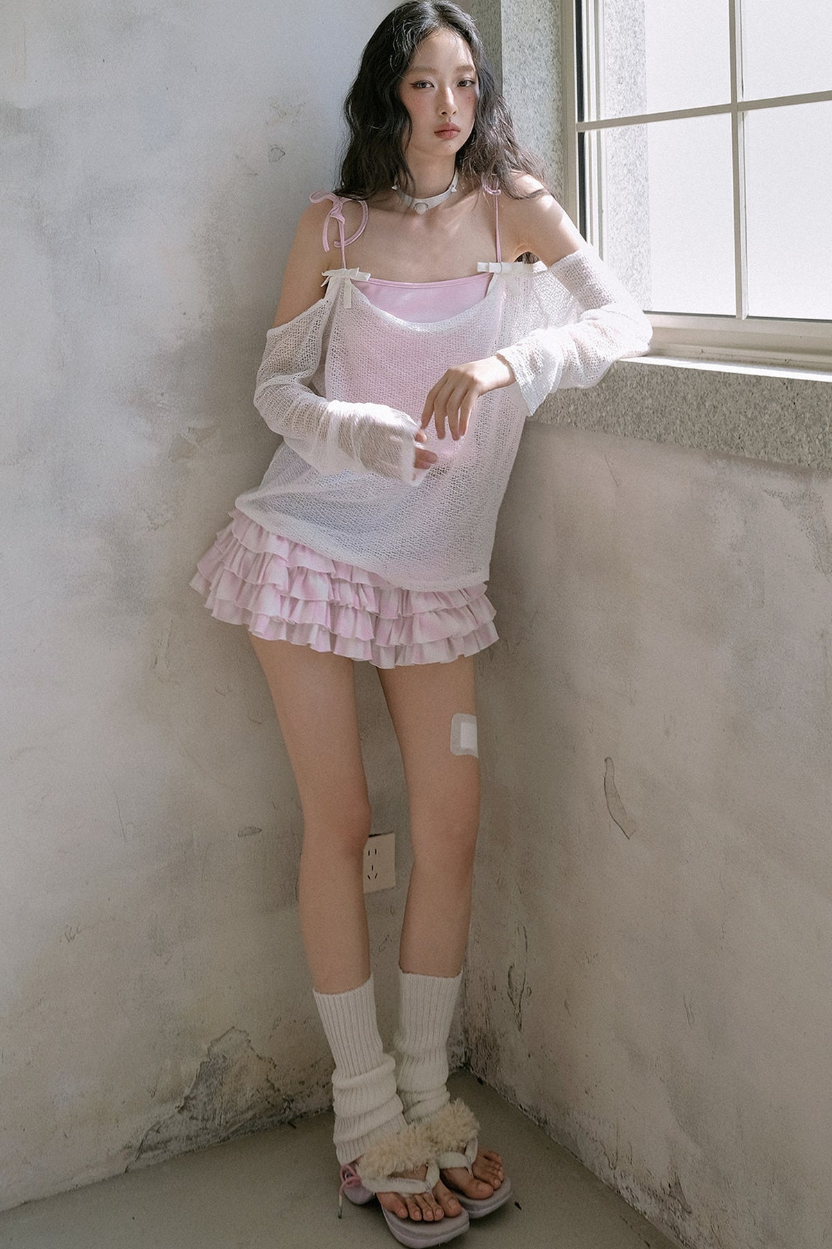 Schulterfreies Mesh-Camisole mit Schleifenband und Überwurf-Set