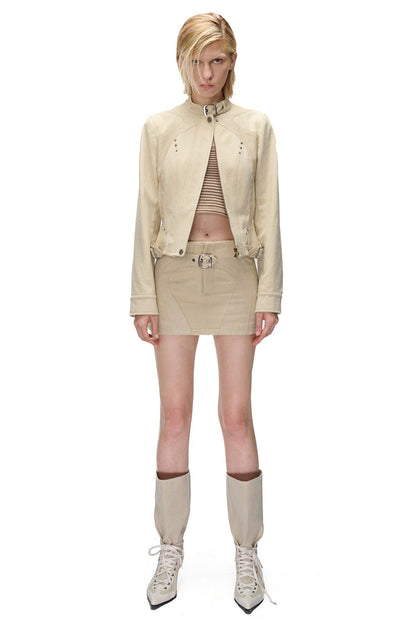 Storm Rider Pu Patchwork Khaki Skirt