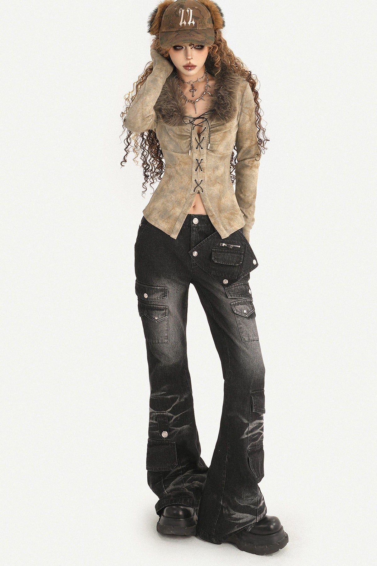Black Vintage Workwear Flared Jeans