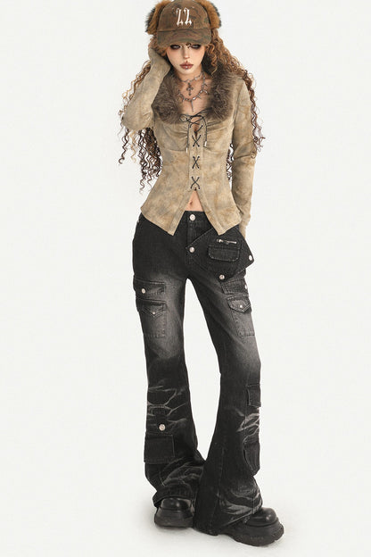 Black Vintage Workwear Flared Jeans