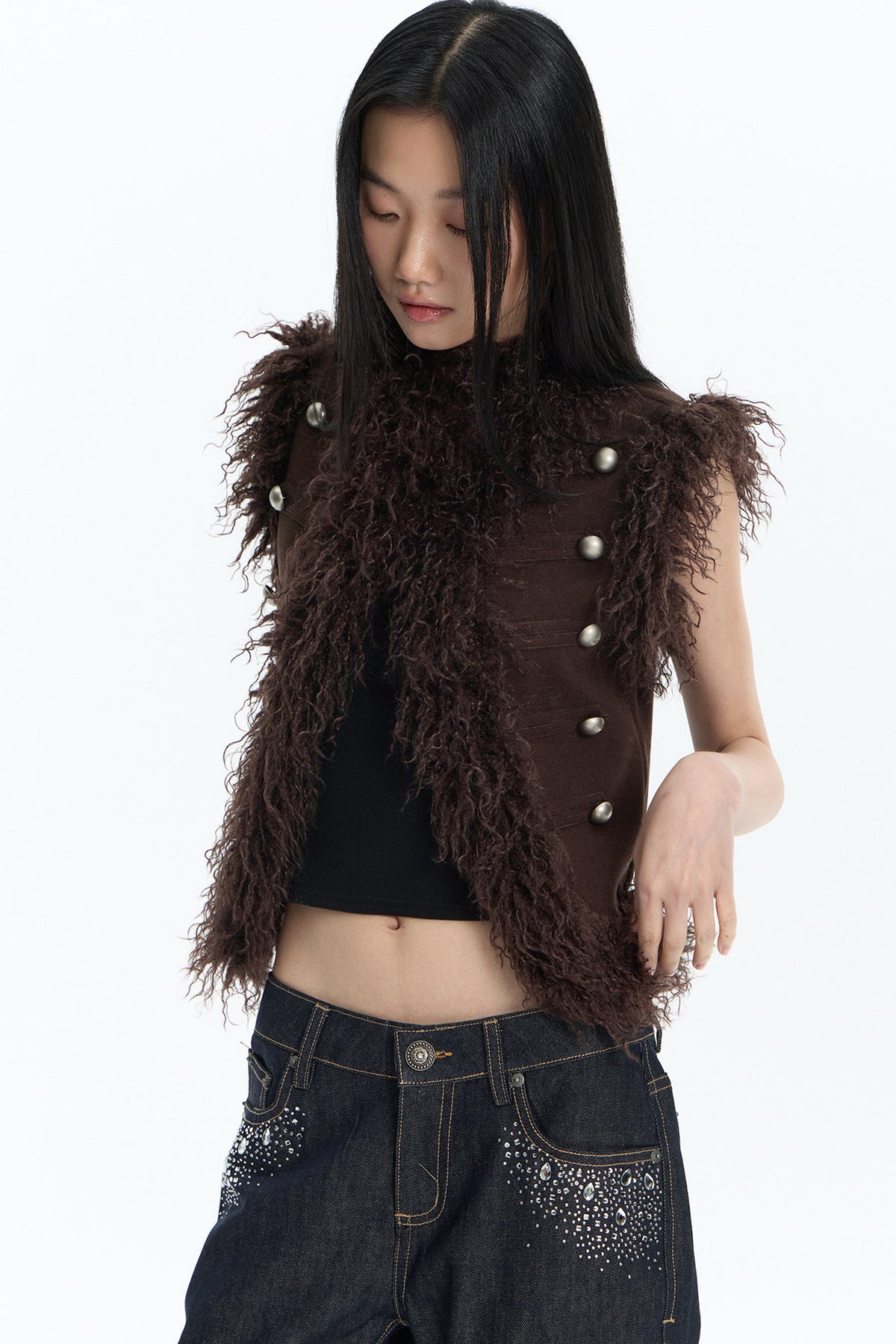 Wool Suede Sleeveless Feather Vest