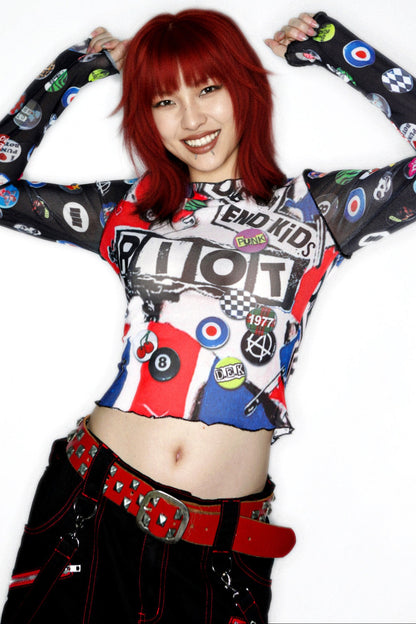 Y2K Graphic Long Sleeve Mesh Top