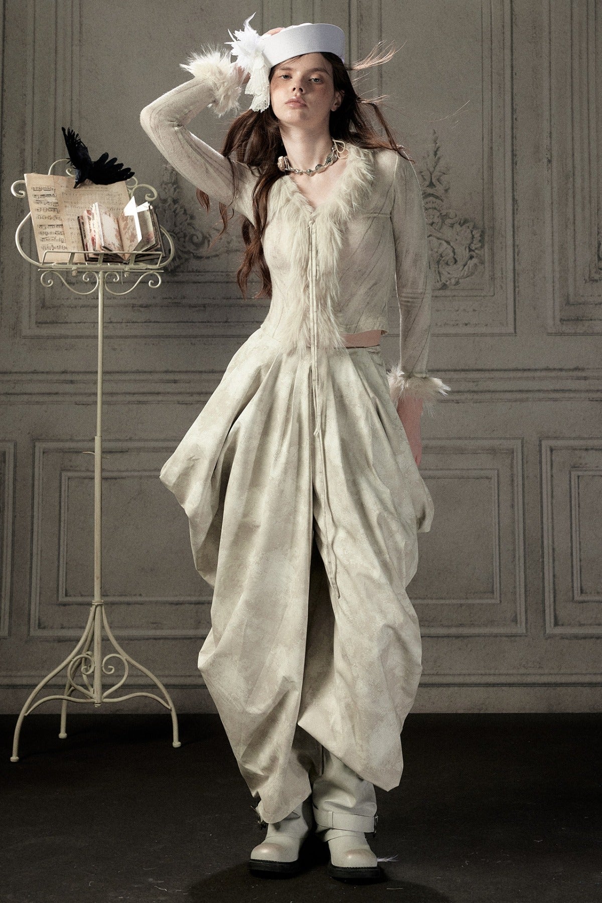Beige Asymmetrical Stacked Long Pants