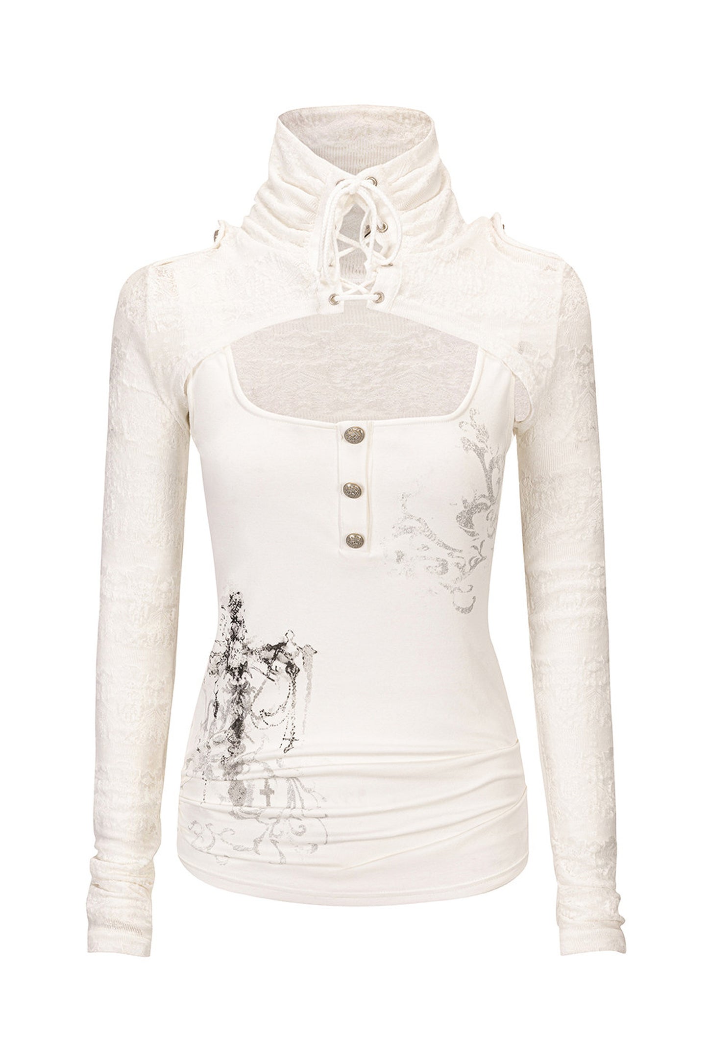 Tie-Neck Silver-Printed Long-Sleeve Top