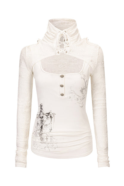 Tie-Neck Silver-Printed Long-Sleeve Top