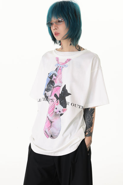 Plaid Tie Cat Print T-Shirt