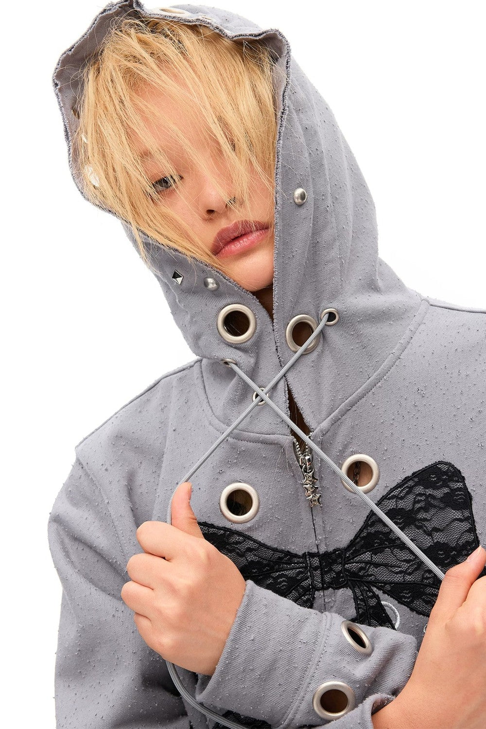 Distressed Lace Bow Hoodie