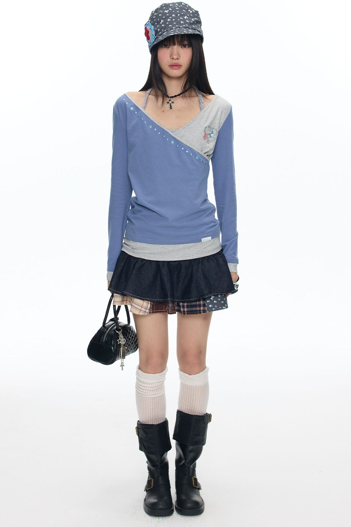 Diagonal Placket Layered-Look T-Shirt