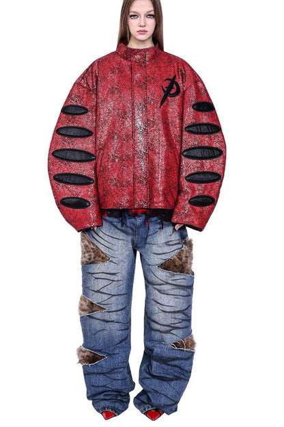 Red Cracked Leather Oversized Jacket