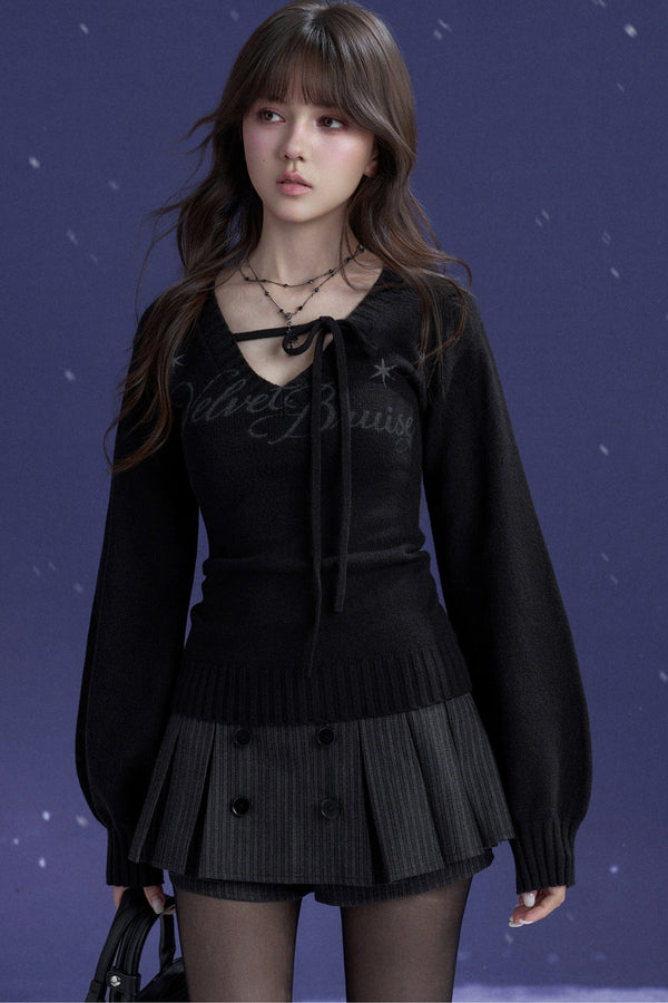 Black Purple V-Neck Tie-Up Sweater