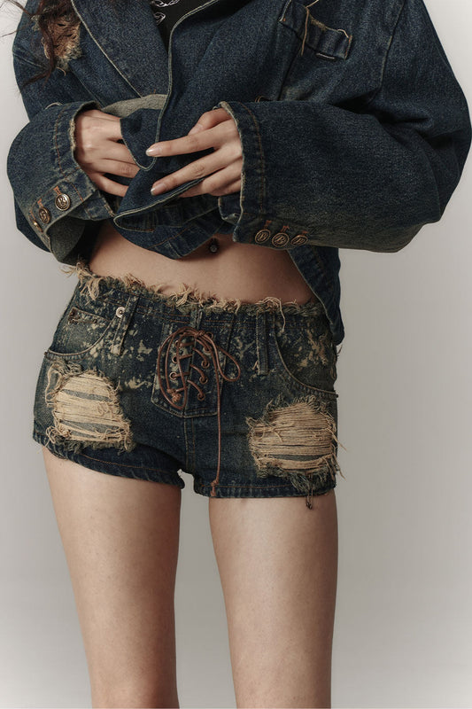 Ripped Denim Drawstring Shorts