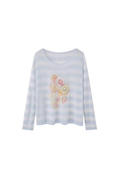 Gestreifte Bluse mit Fruchtprint und asymmetrischer Schulter