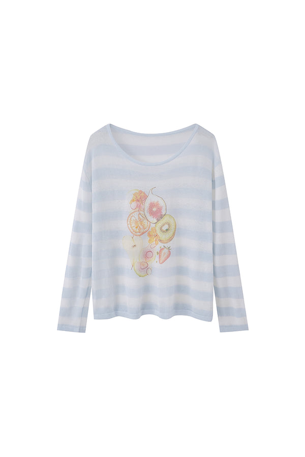Fruit Print Striped Asymmetrical Shoulder Blouse