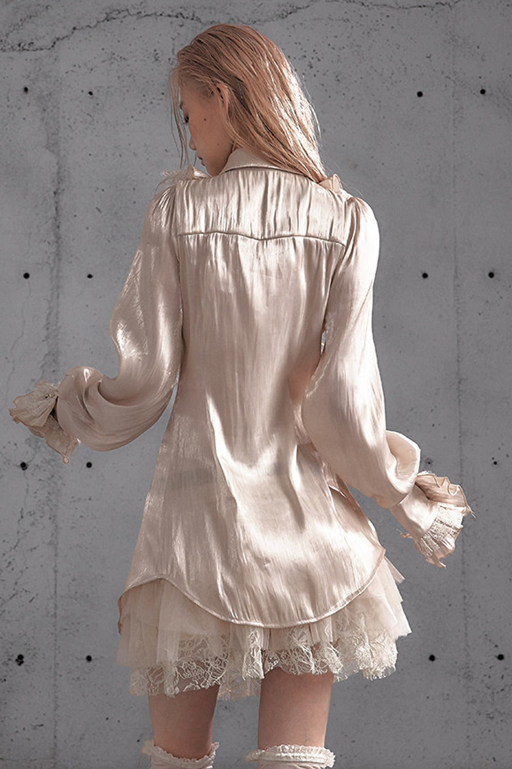 Ruffled Lace Patchwork Satin Blouse