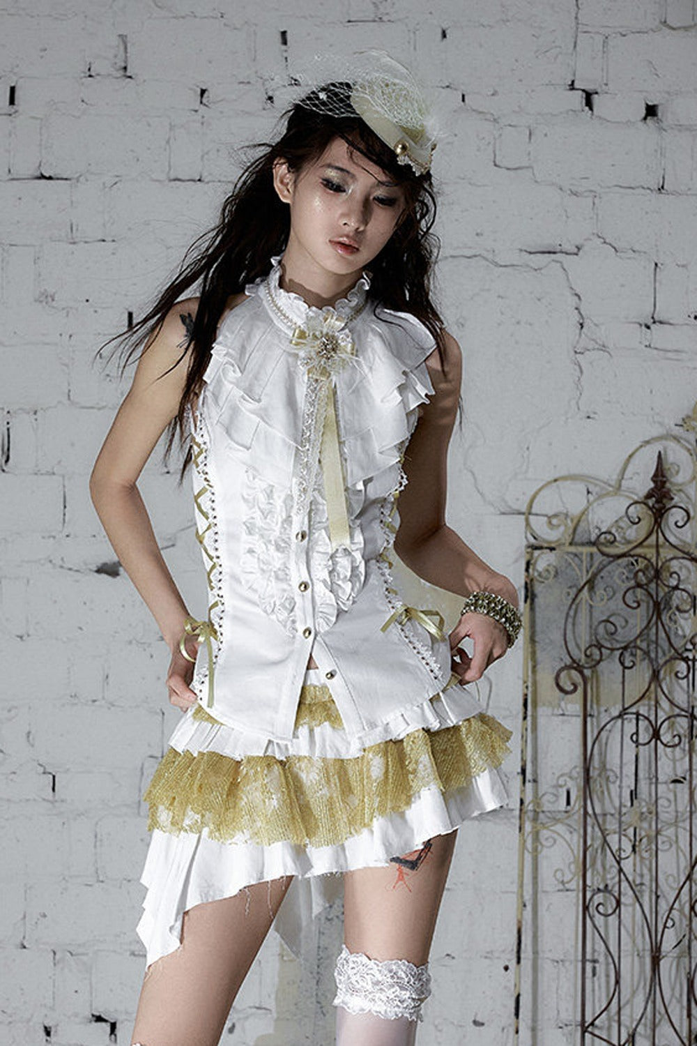 White Gold Tiered Ruffle Raw Edge Skirt