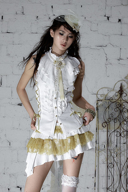 White Gold Tiered Ruffle Raw Edge Skirt